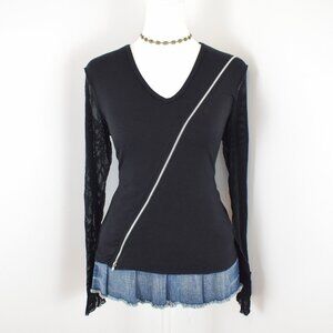 VTG 00s Y2K Mall Goth Bongo Black w/ Fishnet Mesh Flared Sleeves & Zipper Top